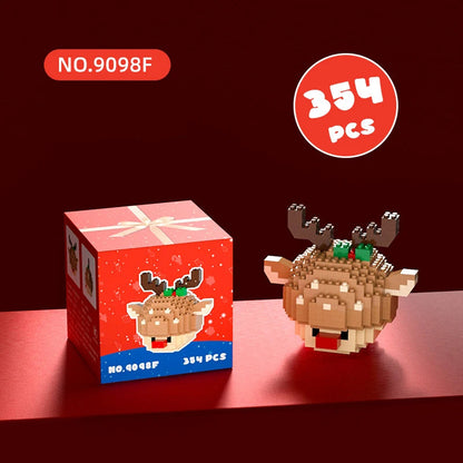 Christmas-themed building block set with reindeer design on a red background