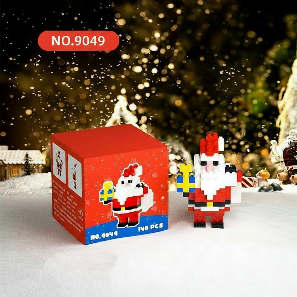 Christmas-themed building block set with Santa Claus figure and packaging, against a festive background.