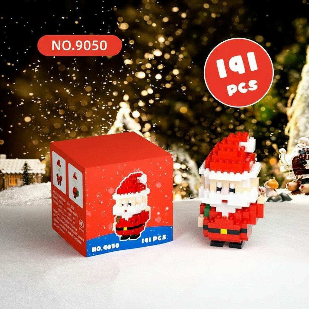 Santa Claus building block set with packaging and measurements against a festive background