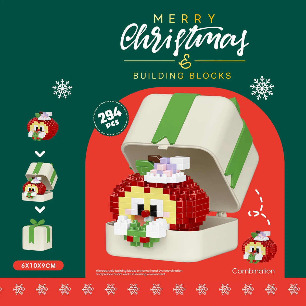 Christmas-themed building blocks set with a green and red background