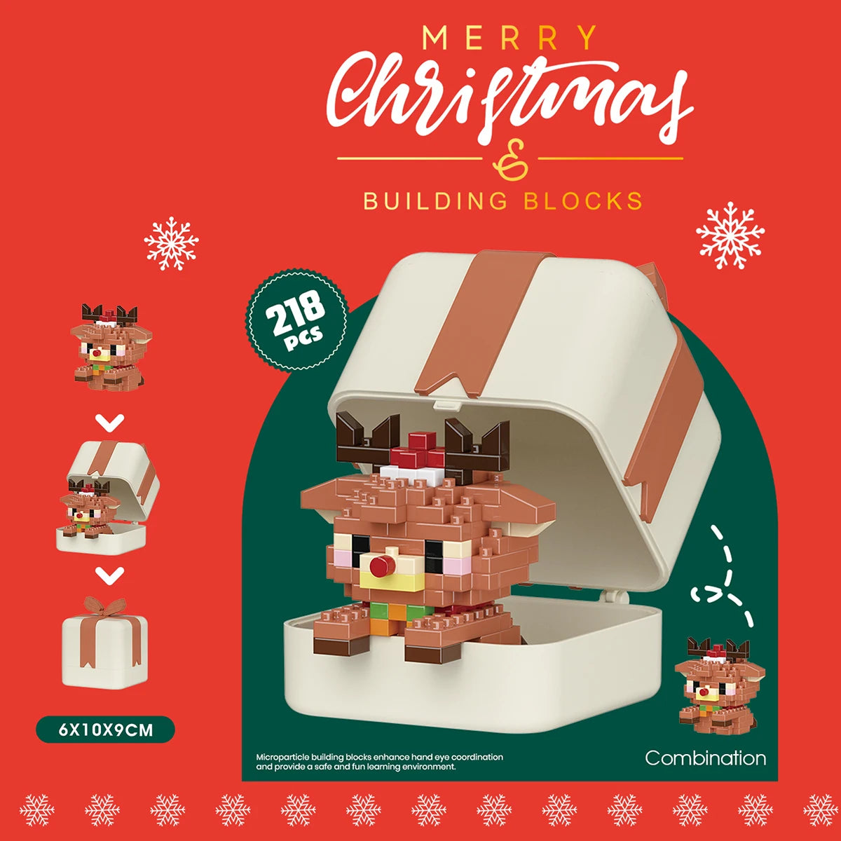 Building block set in a Christmas-themed packaging with reindeer and presents on a red background.