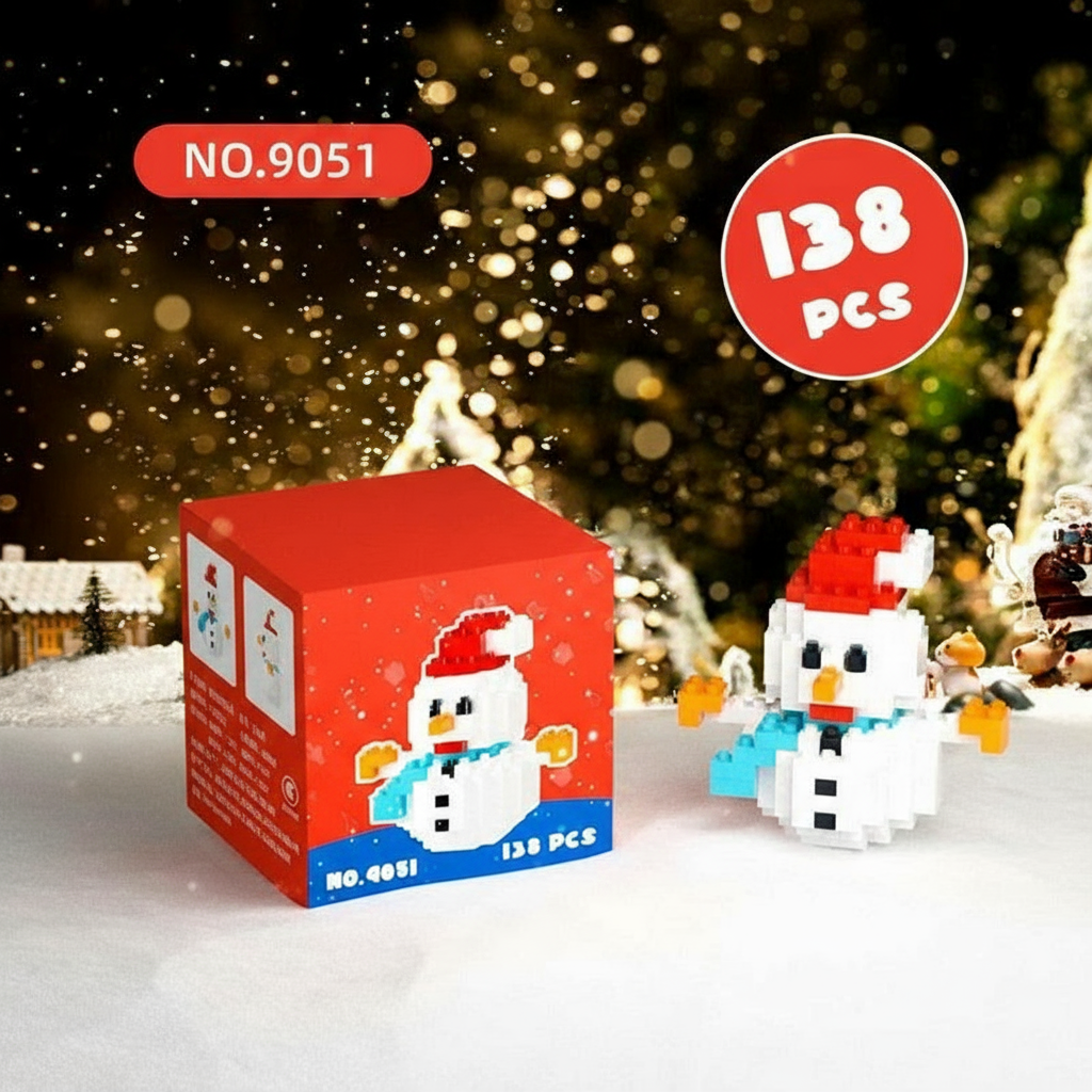 Christmas-themed building block set with snowman design, box, and measurements displayed.