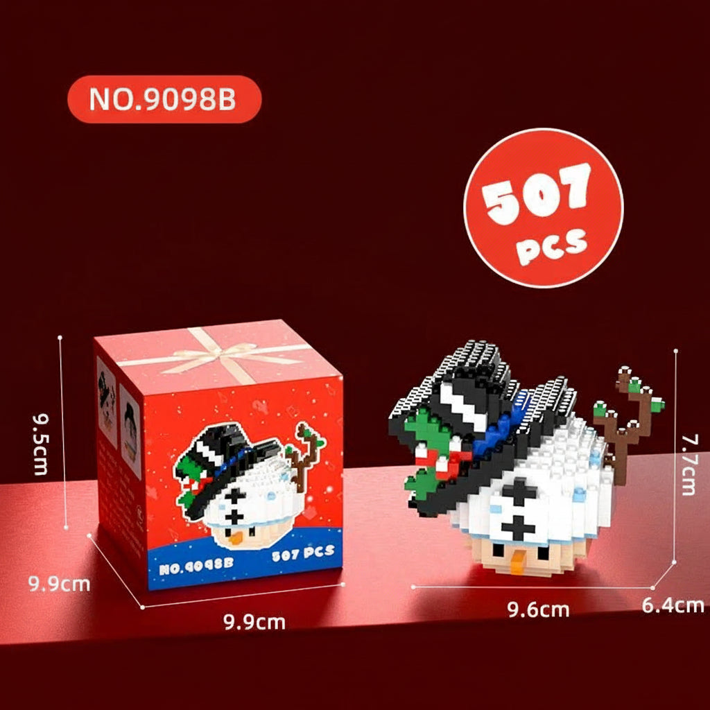 Toy building block set with snowman figure and packaging on a red background