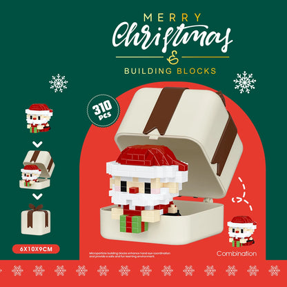 Christmas-themed building blocks set with Santa Claus figure in a box on a green background.