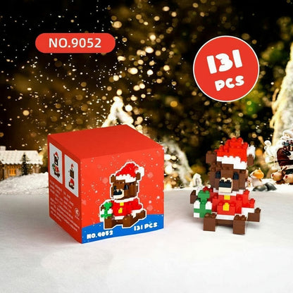 Christmas-themed building block set with packaging and measurements, featuring a bear in a Santa hat.