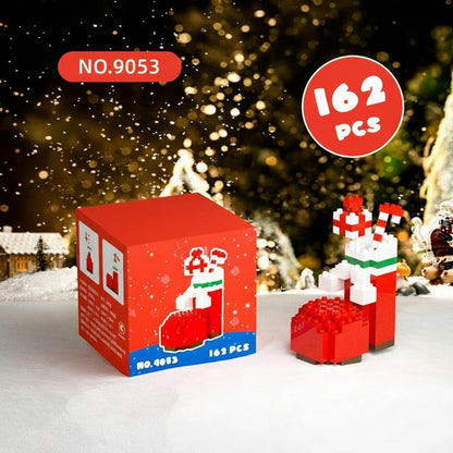 Christmas-themed building block set with packaging and measurements against a festive background