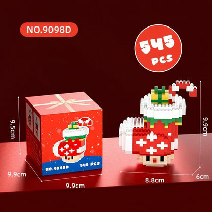 Christmas-themed building block set with box and measurements on a dark background