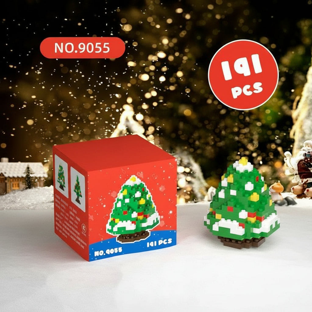 Christmas tree building block set with packaging and measurements on a festive background