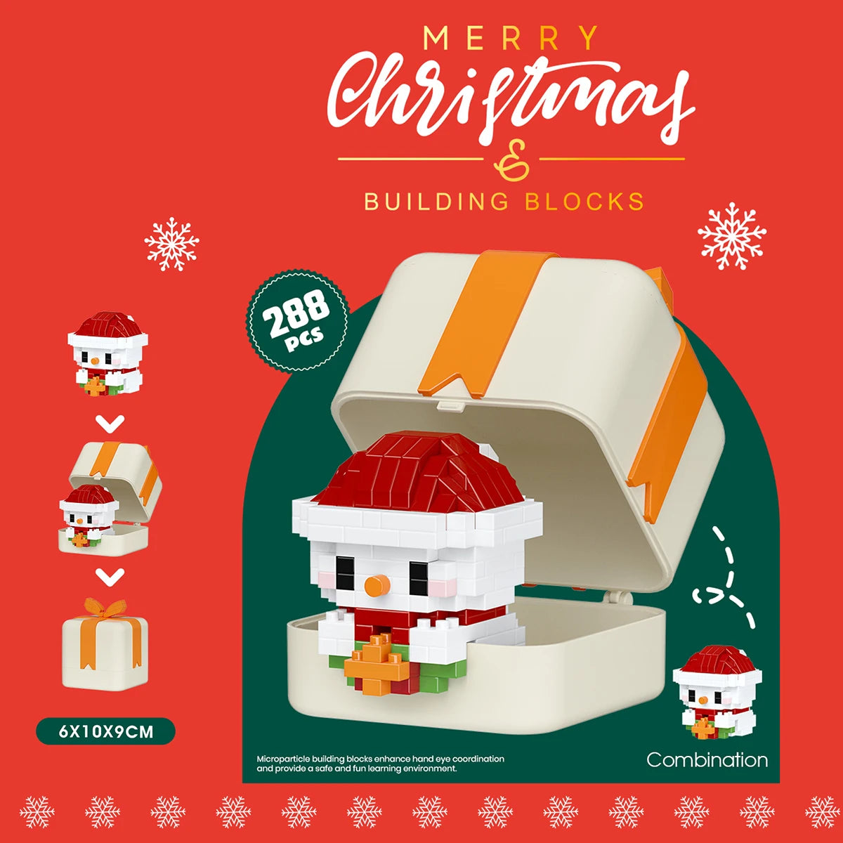 Christmas-themed building block set with a red roof and white body on a red background with snowflakes.