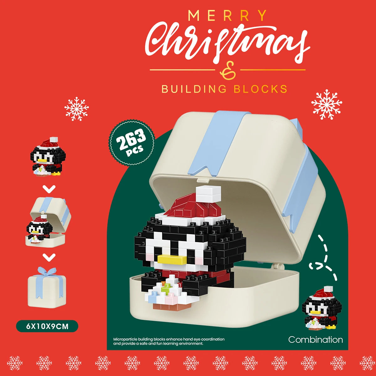 Christmas-themed building block set with penguin design on a red background