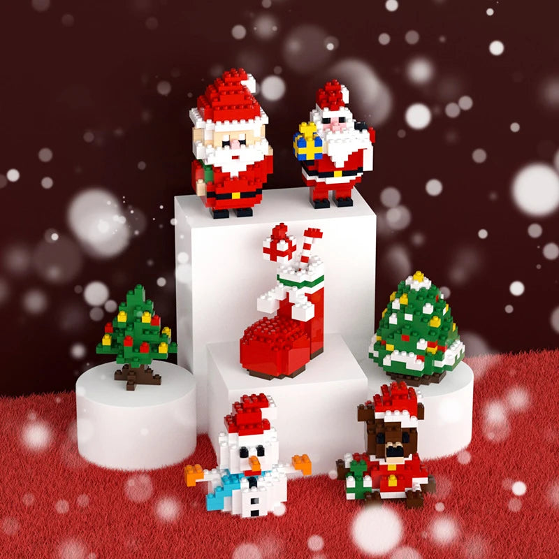 Christmas-themed building block set with Santa Claus, trees, and a snowman on a decorative background.