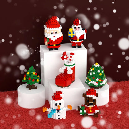 Christmas-themed building block set with Santa Claus, trees, and a snowman on a decorative background.